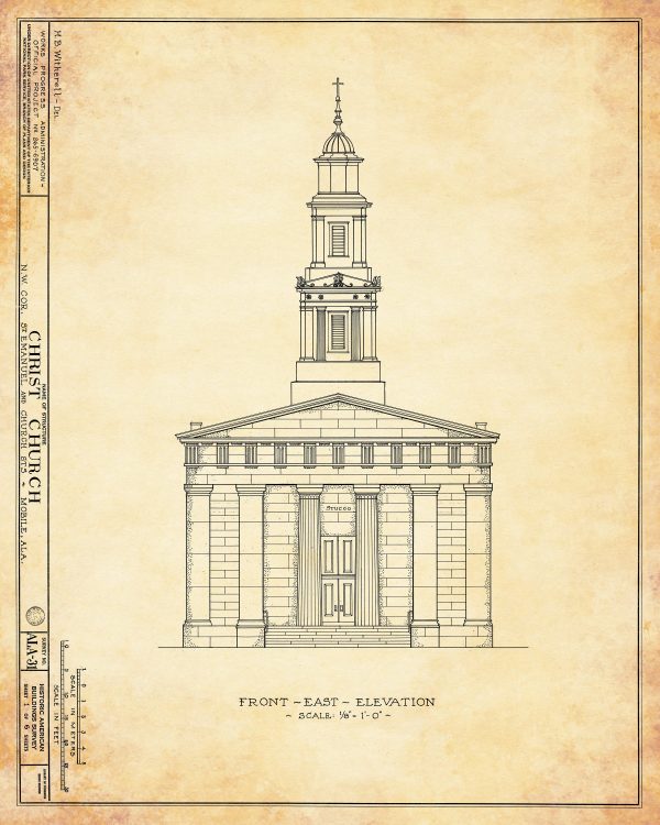 Christ Church Cathedral Blueprint Drawing - Mobile Alabama Church Blueprint, Church Drawing, Home Decor, Wall Decor, Blueprint Décor