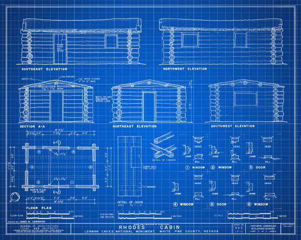 Rhodes Cabin Blueprint Drawing - Cabin Poster, Log Cabin Drawing, Cabin Decor, Great Basin National Park Cabin, Lehman Caves Monument