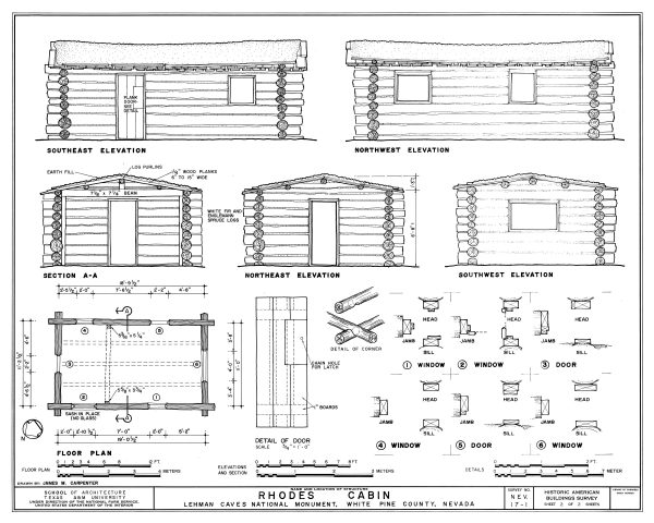 Rhodes Cabin Blueprint Drawing - Cabin Poster, Log Cabin Drawing, Cabin Decor, Great Basin National Park Cabin, Lehman Caves Monument