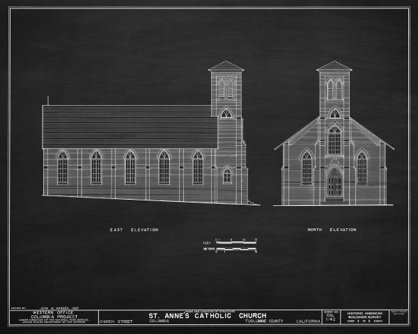 St. Anne's Catholic Church Side View Elevation Drawing - California Church Blueprint, Church Drawing, Religious Home Décor, Blueprint Décor