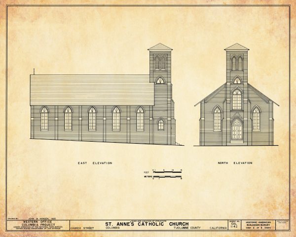 St. Anne's Catholic Church Side View Elevation Drawing - California Church Blueprint, Church Drawing, Religious Home Décor, Blueprint Décor