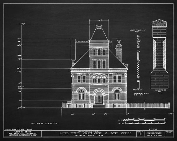 Jefferson Texas Courthouse & Post Office Blueprint Drawing - Courthouse Poster Print, Courthouse Drawing, Law Firm Decor, Office Décor