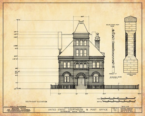 Jefferson Texas Courthouse & Post Office Blueprint Drawing - Courthouse Poster Print, Courthouse Drawing, Law Firm Decor, Office Décor