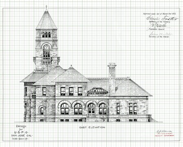 San Jose California Post Office Elevation Drawing Blueprint - Old Post Office Blueprint, Post Office Drawing, Office Decor, Blueprint Decor