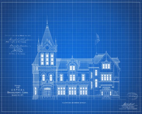 Bridgeport Connecticut Courthouse & Post Office Elevation Drawing - Courthouse Poster Print, Courthouse Drawing, Law Firm Decor, Lawyer Gift