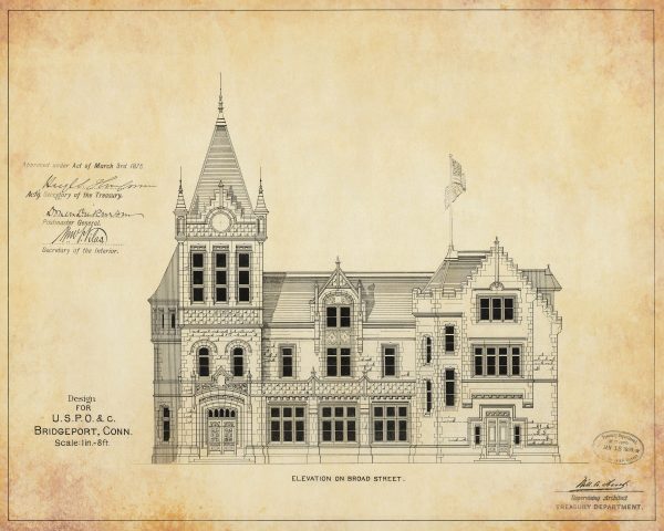 Bridgeport Connecticut Courthouse & Post Office Elevation Drawing - Courthouse Poster Print, Courthouse Drawing, Law Firm Decor, Lawyer Gift