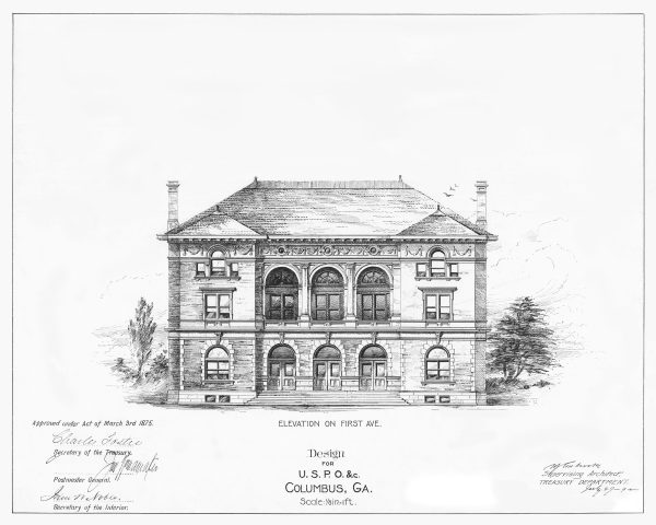 Columbus Georgia Courthouse & Post Office Elevation Drawing - Courthouse Poster Print, Courthouse Drawing, Law Firm Decor, Lawyer Gift