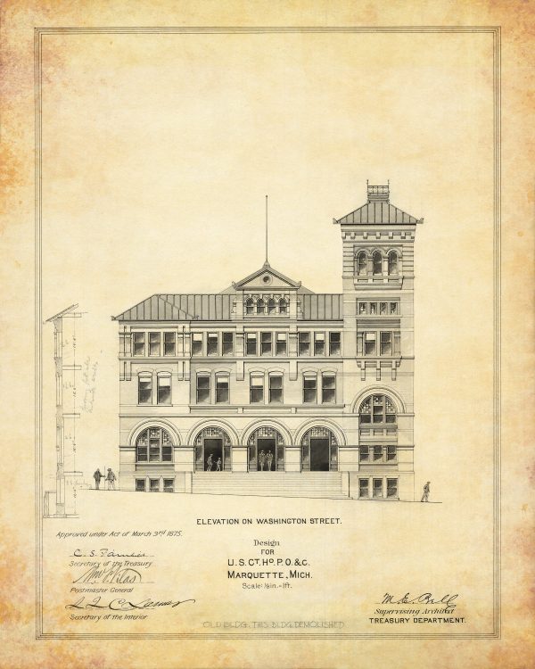 Marquette Michigan Courthouse & Post Office Elevation Drawing - Courthouse Poster Print, Courthouse Drawing, Law Firm Decor, Lawyer Gift