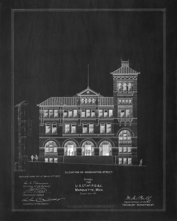 Marquette Michigan Courthouse & Post Office Elevation Drawing - Courthouse Poster Print, Courthouse Drawing, Law Firm Decor, Lawyer Gift