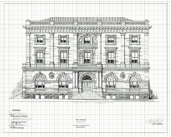 Jackson Mississippi Courthouse & Post Office Blueprint Drawing - Courthouse Poster Print, Courthouse Drawing, Law Firm Décor, Office Décor