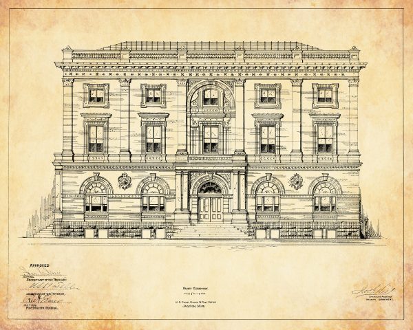 Jackson Mississippi Courthouse & Post Office Blueprint Drawing - Courthouse Poster Print, Courthouse Drawing, Law Firm Décor, Office Décor