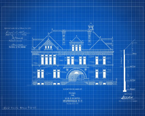 Statesville North Carolina Courthouse & Post Office Blueprint Elevation Drawing - Courthouse Poster Drawing, Law Firm Décor, Office Décor