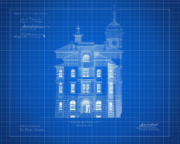 El Paso Texas Courthouse & Post Office Blueprint Elevation Drawing - El Paso Courthouse Poster Drawing, Law Firm Décor, Office Décor, Lawyer