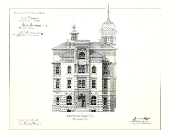 El Paso Texas Courthouse & Post Office Blueprint Elevation Drawing - El Paso Courthouse Poster Drawing, Law Firm Décor, Office Décor, Lawyer