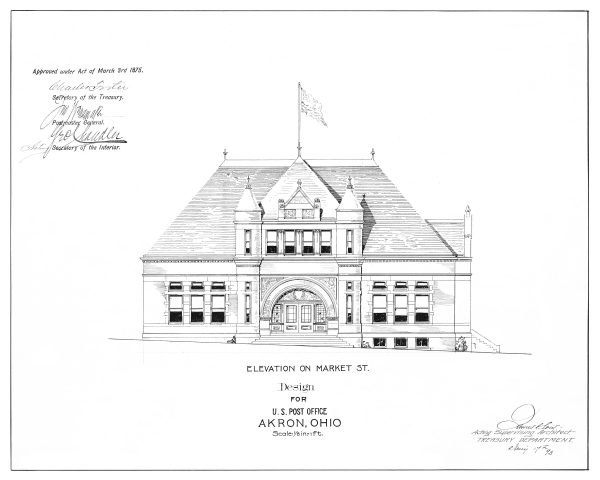 1875 Akron Ohio Post Office Elevation Drawing - Poster Print, Old Post Office Blueprint, Post Office Drawing, Office Décor, Blueprint Décor