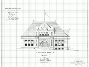 1875 Akron Ohio Post Office Elevation Drawing – Poster Print, Old Post Office Blueprint, Post Office Drawing, Office Décor, Blueprint Décor