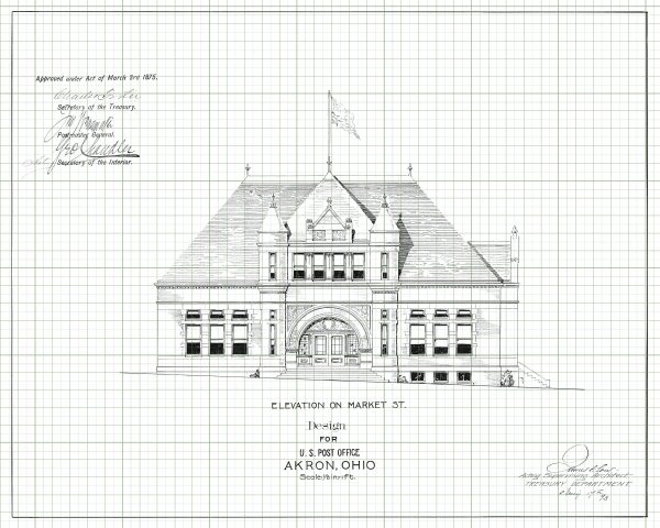 1875 Akron Ohio Post Office Elevation Drawing - Poster Print, Old Post Office Blueprint, Post Office Drawing, Office Décor, Blueprint Décor