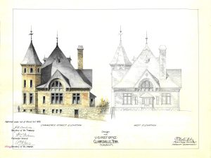 Clarksville Tennessee Post Office Elevation Drawing – Poster Print, Old Post Office Blueprint Drawing, Office Décor, Blueprint Décor