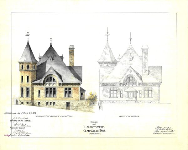 Clarksville Tennessee Post Office Elevation Drawing - Poster Print, Old Post Office Blueprint Drawing, Office Décor, Blueprint Décor