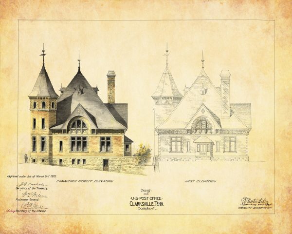 Clarksville Tennessee Post Office Elevation Drawing - Poster Print, Old Post Office Blueprint Drawing, Office Décor, Blueprint Décor