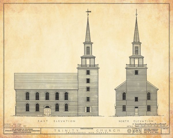 Swedesboro Trinity Church Elevation Drawing - New Jersey Church Blueprint, Church Drawing, Religious Home Décor, Blueprint Décor