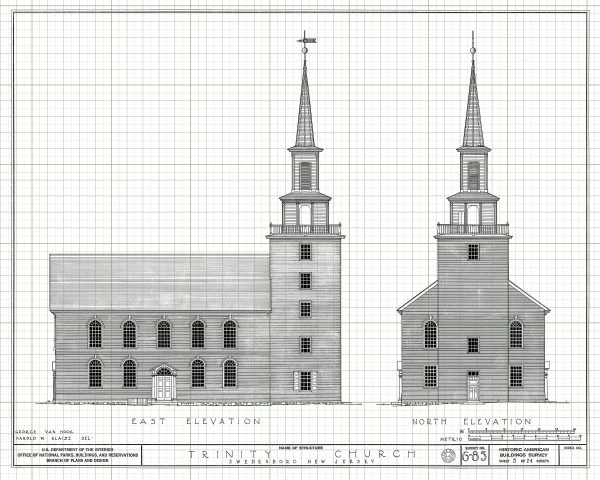 Swedesboro Trinity Church Elevation Drawing - New Jersey Church Blueprint, Church Drawing, Religious Home Décor, Blueprint Décor