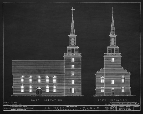 Swedesboro Trinity Church Elevation Drawing - New Jersey Church Blueprint, Church Drawing, Religious Home Décor, Blueprint Décor