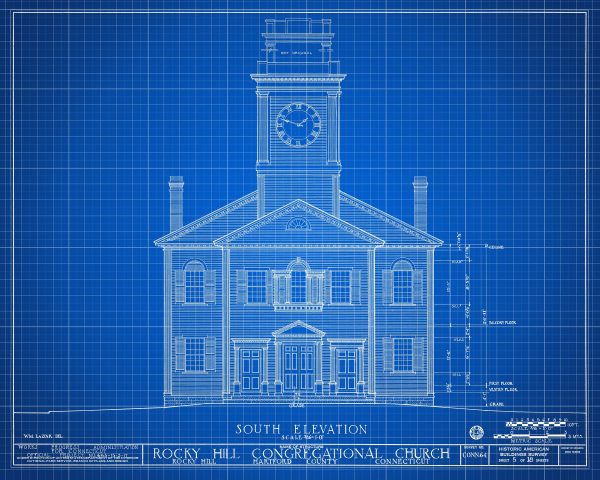 Rocky Hill Congregational Church Elevation Drawing - Connecticut Church Blueprint, Church Drawing, Religious Home Décor, Blueprint Décor