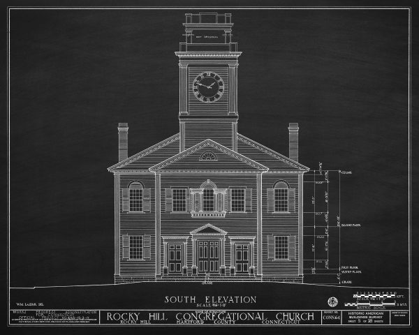 Rocky Hill Congregational Church Elevation Drawing - Connecticut Church Blueprint, Church Drawing, Religious Home Décor, Blueprint Décor