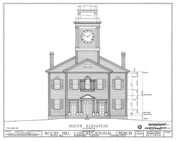 Rocky Hill Congregational Church Elevation Drawing - Connecticut Church Blueprint, Church Drawing, Religious Home Décor, Blueprint Décor