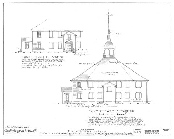 Old Ship Church Elevation Drawing - Massachusetts Church Blueprint, Church Drawing, Religious Home Décor, Blueprint Décor, Puritan Church