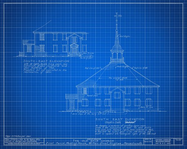 Old Ship Church Elevation Drawing - Massachusetts Church Blueprint, Church Drawing, Religious Home Décor, Blueprint Décor, Puritan Church