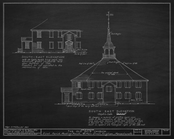 Old Ship Church Elevation Drawing - Massachusetts Church Blueprint, Church Drawing, Religious Home Décor, Blueprint Décor, Puritan Church