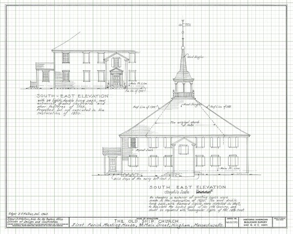 Old Ship Church Elevation Drawing - Massachusetts Church Blueprint, Church Drawing, Religious Home Décor, Blueprint Décor, Puritan Church