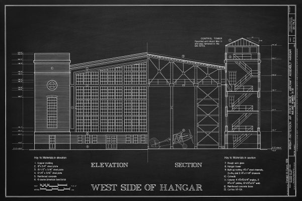 Air Force Hangar Elevation Drawing - Wright-Patterson Air Force Base Hangar Blueprint, Hangar Poster, Vintage Aviation Art, Airport Print