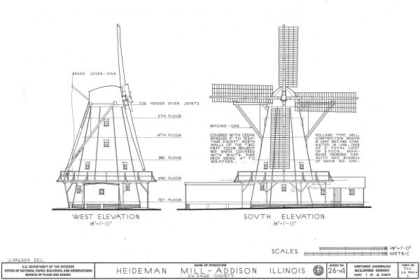 Heideman Mill Blueprint Drawing - Mill Poster, Windmill Drawing, Cabin Decor, Addison Illinois Mill, Historic Building