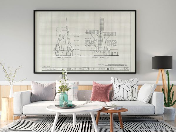 Heideman Mill Blueprint Drawing - Mill Poster, Windmill Drawing, Cabin Decor, Addison Illinois Mill, Historic Building