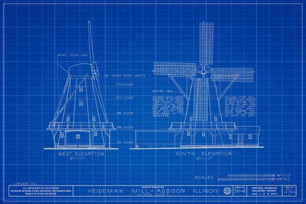 Heideman Mill Blueprint Drawing - Mill Poster, Windmill Drawing, Cabin Decor, Addison Illinois Mill, Historic Building