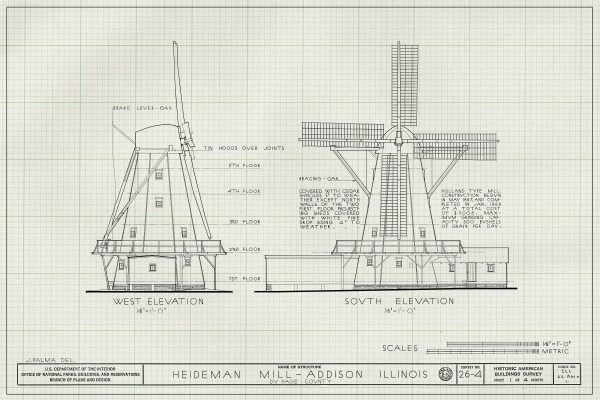 Heideman Mill Blueprint Drawing - Mill Poster, Windmill Drawing, Cabin Decor, Addison Illinois Mill, Historic Building