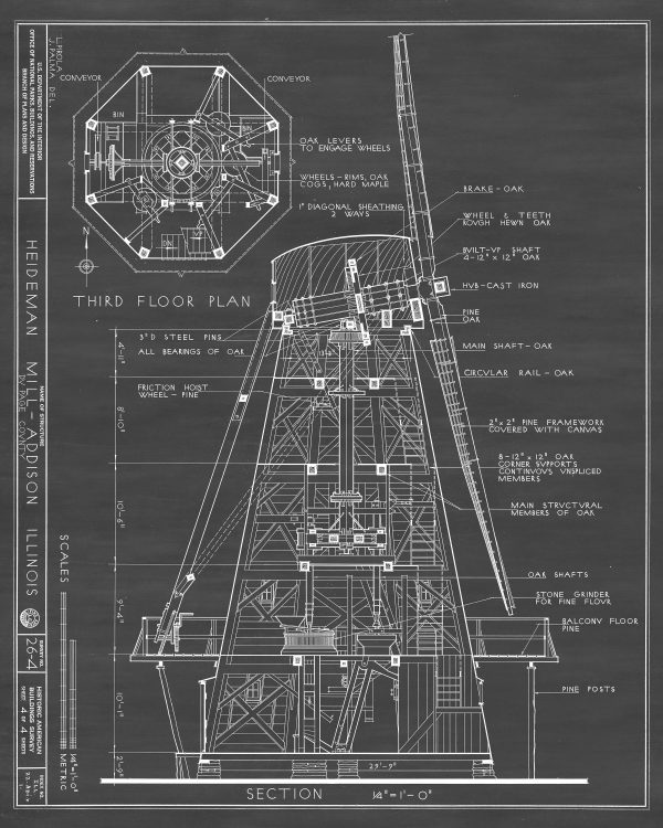 Heideman Mill Cross Section Drawing - Mill Poster, Windmill Drawing, Cabin Decor, Addison Illinois Mill, Historic Building