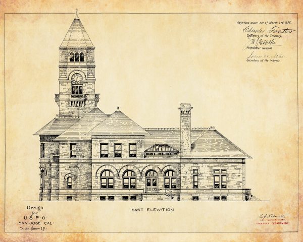 San Jose California Post Office Elevation Drawing Blueprint - Old Post Office Blueprint, Post Office Drawing, Office Decor, Blueprint Decor