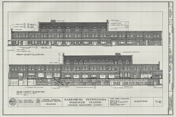 Harrisburg Pennsylvania Railroad Station Elevation Drawing - Railroad Poster, Railroad Station Blueprint, Harrisburg Station