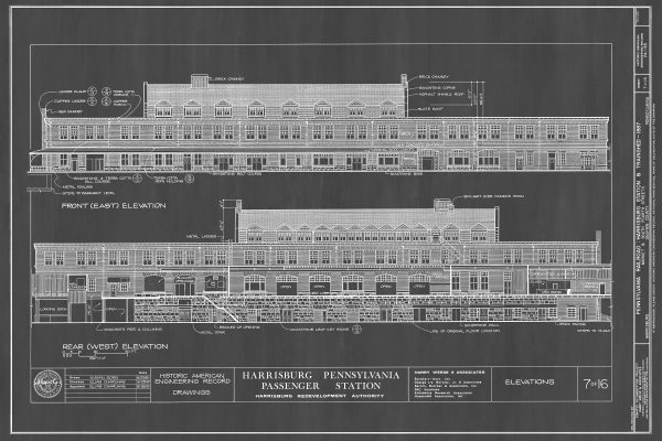 Harrisburg Pennsylvania Railroad Station Elevation Drawing - Railroad Poster, Railroad Station Blueprint, Harrisburg Station