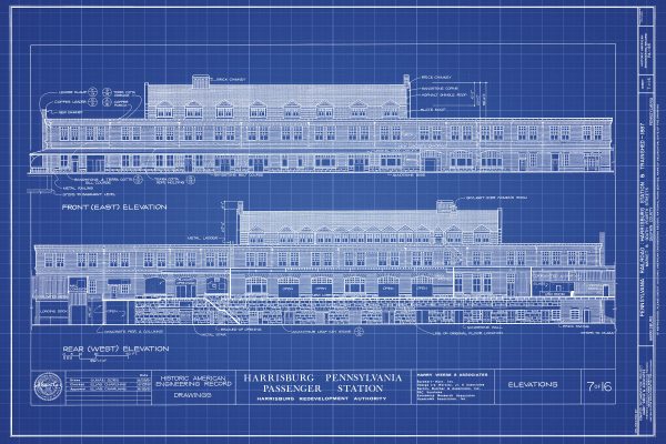 Harrisburg Pennsylvania Railroad Station Elevation Drawing - Railroad Poster, Railroad Station Blueprint, Harrisburg Station