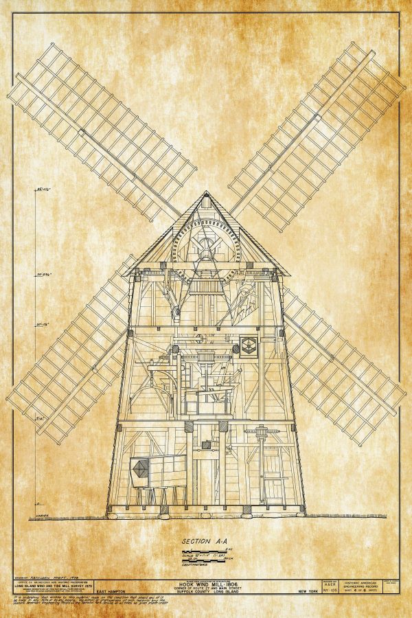 Hook Windmill Section Drawing - 1806 Windmill Poster, Windmill Blueprint, Farm Decor, East Hampton New York Windmill, Historic Building