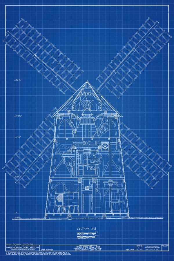 Hook Windmill Section Drawing - 1806 Windmill Poster, Windmill Blueprint, Farm Decor, East Hampton New York Windmill, Historic Building