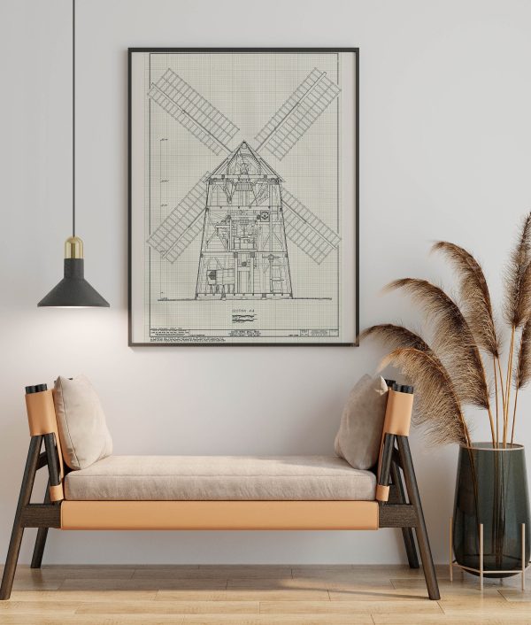 Hook Windmill Section Drawing - 1806 Windmill Poster, Windmill Blueprint, Farm Decor, East Hampton New York Windmill, Historic Building