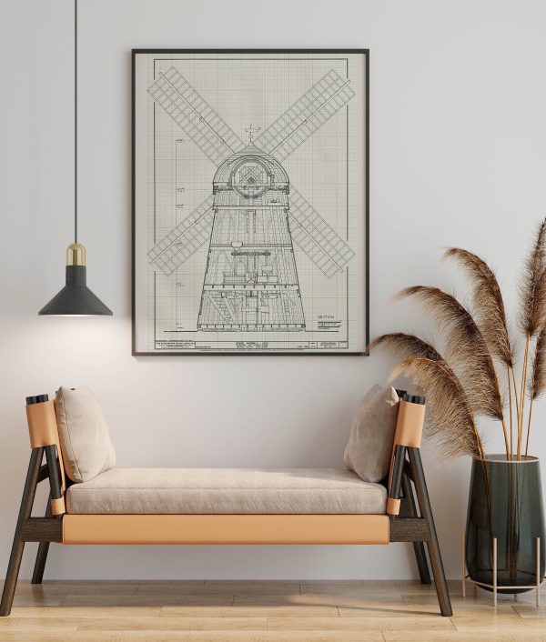 Beebee Windmill Section Drawing - 1820 Windmill Poster, Windmill Blueprint, Farm Decor, New York Windmill, Historic Building