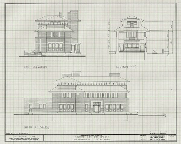 Isidore Heller House Elevation Drawing - Frank Lloyd Wright House Design Poster, House Blueprint, Home Décor, Chicago Historic Building