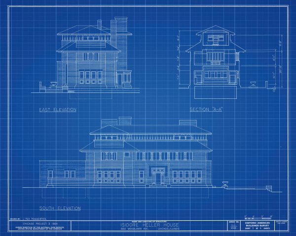 Isidore Heller House Elevation Drawing - Frank Lloyd Wright House Design Poster, House Blueprint, Home Décor, Chicago Historic Building